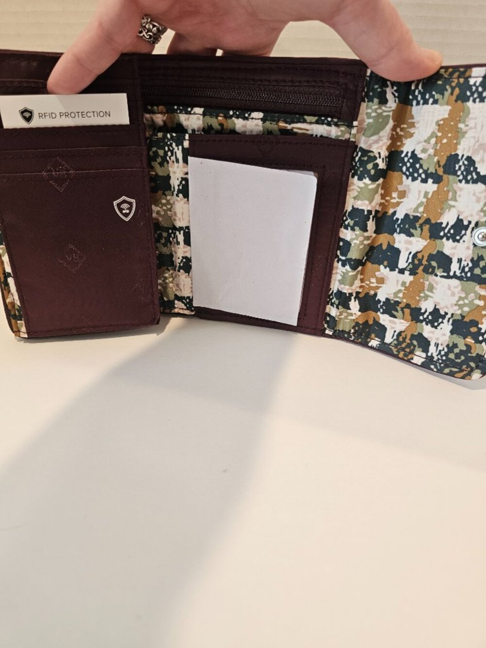 NWT RFID Riley Compact Wallet Heirloom Paisley Flowers Brown Green Pink Orange - Picture 7 of 12